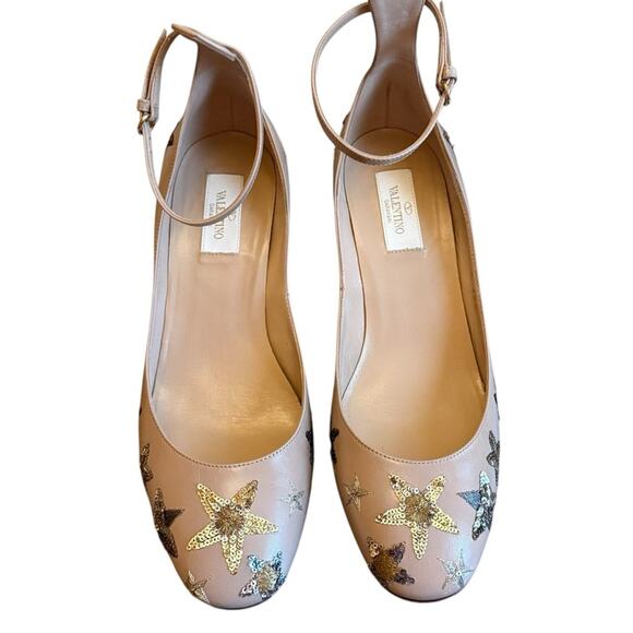 Valentino Garavani Tango Pumps Tan Beige Star Sequin Block Heel EU 39.5 US 9.5 - Picture 3 of 14